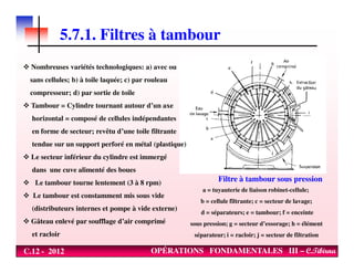 5.7.1. Filtres à tambour
Nombreuses variétés technologiques: a) avec ou
sans cellules; b) à toile laquée; c) par rouleau
compresseur; d) par sortie de toile
Tambour = Cylindre tournant autour d’un axe
horizontal = composé de cellules indépendantes
en forme de secteur; revêtu d’une toile filtrante
C.12 - 2012 OPÉRATIONS FONDAMENTALES III – C.Tibirna
a = tuyauterie de liaison robinet-cellule;
b = cellule filtrante; c = secteur de lavage;
d = séparateurs; e = tambour; f = enceinte
sous pression; g = secteur d’essorage; h = élément
séparateur; i = racloir; j = secteur de filtration
Filtre à tambour sous pression
tendue sur un support perforé en métal (plastique)
Le secteur inférieur du cylindre est immergé
dans une cuve alimenté des boues
Le tambour tourne lentement (3 à 8 rpm)
Le tambour est constamment mis sous vide
(distributeurs internes et pompe à vide externe)
Gâteau enlevé par soufflage d’air comprimé
et racloir
 
