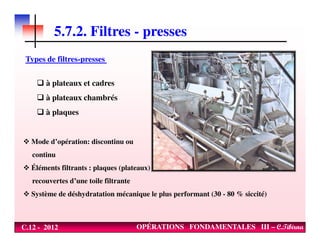 5.7.2. Filtres - presses
Types de filtres-presses
à plateaux et cadres
à plateaux chambrés
à plaques
C.12 - 2012 OPÉRATIONS FONDAMENTALES III – C.Tibirna
Mode d’opération: discontinu ou
continu
Éléments filtrants : plaques (plateaux)
recouvertes d’une toile filtrante
Système de déshydratation mécanique le plus performant (30 - 80 % siccité)
 