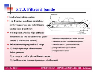 5.7.3. Filtres à bande
Mode d’opération: continu
1 ou 2 bandes sans fin en caoutchouc
perforé supportant une toile filtrante
tendue entre 2 tambours
Un dispositif à vitesse réglé entraîne
le tambour de tête (le tambour de queue
C.12 - 2012 OPÉRATIONS FONDAMENTALES III – C.Tibirna
a = bande transporteuse; b = bande filtrante;
c = tambour de tête; d = tambour de queue;
e = boîte à vide; f = cylindre de retour;
g = dispositif de lavage de la toile;
h = régulateur de niveau
le tambour de tête (le tambour de queue
assure la tension des bandes)
Déshydratation progressive -3 temps
1) simple égouttage (filtration sous
faible pression;
2) pressage – rend le gâteau filtrant compact;
3) cisaillement de la masse (pression + cisaillement)
 