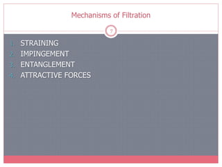 Mechanisms of Filtration
7
1. STRAINING
2. IMPINGEMENT
3. ENTANGLEMENT
4. ATTRACTIVE FORCES
 