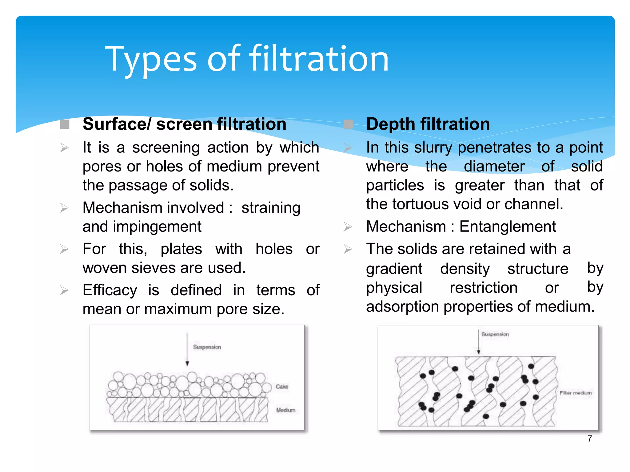 Types of filtration
 Surface/ screen filtration
 It is a screening action by which
pores or holes of medium prevent
the passage of solids.
 Mechanism involved : straining
and impingement
 For this, plates with holes or
woven sieves are used.
 Efficacy is defined in terms of
mean or maximum pore size.
gradient density structure
physical restriction or
 Depth filtration
 In this slurry penetrates to a point
where the diameter of solid
particles is greater than that of
the tortuous void or channel.
 Mechanism : Entanglement
 The solids are retained with a
by
by
adsorption properties of medium.
7
 