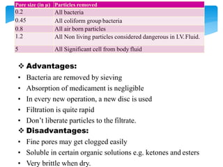 Pore size (in µ) Particles removed
0.2 All bacteria
0.45 All coliform group bacteria
0.8 All air born particles
1.2 All Non living particles considered dangerous in I.V.Fluid.
5 All Significant cell from body fluid
 Advantages:
• Bacteria are removed by sieving
• Absorption of medicament is negligible
• In every new operation, a new disc is used
• Filtration is quite rapid
• Don’t liberate particles to the filtrate.
 Disadvantages:
• Fine pores may get clogged easily
• Soluble in certain organic solutions e.g. ketones and esters
• Very brittle when dry.
 