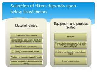 Selection of filters depends upon
36
below listed factors
Material related
Properties of fluid- viscosity
Nature of solids- size, shape, distribution
and packing characteristics of particles
Conc. Of solid in suspension
Quantity of material to be handle
Whether it is necessary to wash the solid
Whether any form of pretreatment will be
helpful.
Equipment and process
related
Flow rate
Should be absolute in sense, limit to size
of particles passing through the filter
should be known.
Should be sterilisable by heat, radiation
or gas
Should be economical.
 