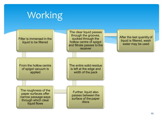 88
Working
Filter is immersed in the
liquid to be filtered
From the hollow centre
of spigot vacuum is
applied
The roughness of the
paper surfaces offer
narrow passage ways
through which clear
liquid flows
Further, liquid also
passes between the
surface of the paper
discs
The entire solid residue
is left at the edge and
width of the pack
The clear liquid passes
through the grooves,
sucked through the
hollow centre of spigot
and filtrate passes to the
receiver
After the last quantity of
liquid is filtered, wash
water may be used
 