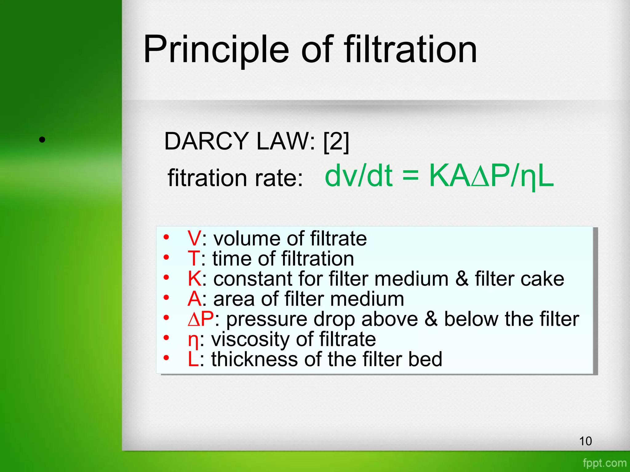 Principle of filtration
• DARCY LAW: [2]
fitration rate: dv/dt = KA∆P/ηL
10
• V: volume of filtrate
• T: time of filtration
• K: constant for filter medium & filter cake
• A: area of filter medium
• ∆P: pressure drop above & below the filter
• η: viscosity of filtrate
• L: thickness of the filter bed
• V: volume of filtrate
• T: time of filtration
• K: constant for filter medium & filter cake
• A: area of filter medium
• ∆P: pressure drop above & below the filter
• η: viscosity of filtrate
• L: thickness of the filter bed
 