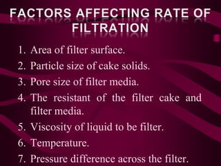 1. Area of filter surface.
2. Particle size of cake solids.
3. Pore size of filter media.
4. The resistant of the filter cake and
   filter media.
5. Viscosity of liquid to be filter.
6. Temperature.
7. Pressure difference across the filter.
 