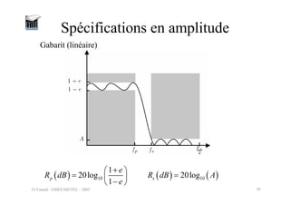 O.Venard - ESIEE/SIGTEL - 2005 10
Spécifications en amplitude
Gabarit (linéaire)
( ) 10
1
20log
1
p
e
R dB
e
+
⎛ ⎞
= ⎜ ⎟
−
⎝ ⎠
( ) ( )
10
20log
s
R dB A
=
 