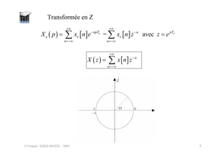 O.Venard - ESIEE/SIGTEL - 2005 4
Transformée en Z
( ) [ ] n
n
X z x n z
+∞
−
=−∞
= ∑
( ) [ ] [ ]
= avec
e e
npT pT
n
e e e
n n
X p x n e x n z z e
+∞ +∞
− −
=−∞ =−∞
= =
∑ ∑
 