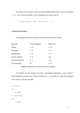11
Os valores de uma matriz, vetor, ou escalar também podem entrar através do comando
input. Isto é muito útil quando se tem o programa num arquivo tipo M.
z = input('Entre com o valor de z ')
4. Operações Escalares
As operações aritméticas entre dois escalares são mostrada na Tabela 1
Operação Forma Algébrica MATLAB
Adição a + b a + b
Subtração a - b a - b
Multiplicação a ´ b a * b
Divisão à direita a / b a/b
Divisão à esquerda b  a a  b
Exponenciação ab a ^ b
Tabela 1: Operações aritméticas entre dois escalares
O resultado de uma operação que não é relacionada diretamente a uma variável é
automaticamente colocado numa variável chamada de ans, que pode ser usada como qualquer
outra variável, como por exemplo:
>> 3*pi^2
ans =
29.6088
>> sqrt(ans)
ans =
5.4414
 