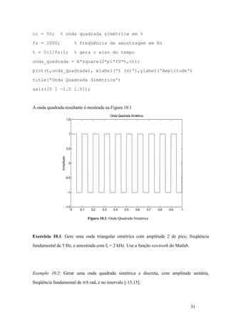 31
cr = 50; % onda quadrada simétrica em %
fs = 1000; % freqüência de amostragem em Hz
t = 0:1/fs:1; % gera o eixo do tempo
onda_quadrada = A*square(2*pi*f0*t,cr);
plot(t,onda_quadrada), xlabel('t (s)'),ylabel('Amplitude')
title('Onda Quadrada Simétrica')
axis([0 1 -1.5 1.5]);
A onda quadrada resultante é mostrada na Figura 10.1
Figura 10.1: Onda Quadrada Simétrica
Exercício 10.1: Gere uma onda triangular simétrica com amplitude 2 de pico, freqüência
fundamental de 5 Hz, e amostrada com fs = 2 kHz. Use a função sawtooth do Matlab.
Exemplo 10.2: Gerar uma onda quadrada simétrica e discreta, com amplitude unitária,
freqüência fundamental de p/6 rad, e no intervalo [-15,15].
0 0.1 0.2 0.3 0.4 0.5 0.6 0.7 0.8 0.9 1
-1.5
-1
-0.5
0
0.5
1
1.5
Amplitude
Onda Quadrada Simétrica
 