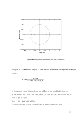 54
Figura 10.13: Diagrama de pólos e zeros de H(z) do Exemplo 10.13.
Exemplo 10.14: Determinar h[n] da FT dada abaixo, pelo método da expansão em frações
parciais.
0,080,14z1,1z-z
1)-z(z
)( 23
++
=zH
% Programa para determinar os pólos e os coeficientes da
% expansão em frações parciais de uma função racional em z.
num = [0 1 -1];
den = [1 -1.1 .14 .08];
[coeficientes polos constante] = residuez(num,den)
-1.5 -1 -0.5 0 0.5 1 1.5 2
-1.5
-1
-0.5
0
0.5
1
1.5
Real part
Imaginarypart
 