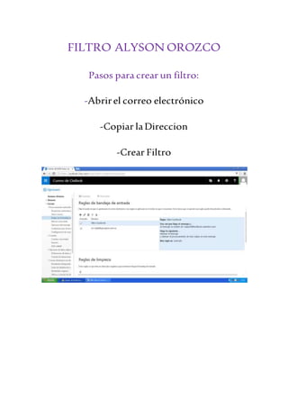 FILTRO ALYSON OROZCO
Pasos para crear un filtro:
-Abrirel correo electrónico
-Copiar laDireccion
-Crear Filtro
 
