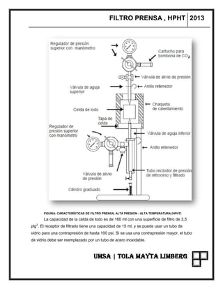 FILTRO PRENSA , HPHT 2013
UMSA | TOLA MAYTA LIMBERG
FIGURA: CARACTERÍSTICAS DE FILTRO PRENSA, ALTA PRESION - ALTA TEMPERATURA (HPHT)
La capacidad de la celda de lodo es de 160 ml con una superficie de filtro de 3,5
plg2
. El receptor de filtrado tiene una capacidad de 15 ml, y se puede usar un tubo de
vidrio para una contrapresión de hasta 100 psi. Si se usa una contrapresión mayor, el tubo
de vidrio debe ser reemplazado por un tubo de acero inoxidable.
 
