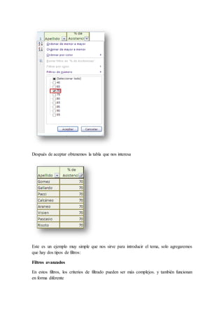 Después de aceptar obtenemos la tabla que nos interesa
Este es un ejemplo muy simple que nos sirve para introducir el tema, solo agregaremos
que hay dos tipos de filtros:
Filtros avanzados
En estos filtros, los criterios de filtrado pueden ser más complejos. y también funcionan
en forma diferente
 
