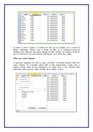 Al pulsar el botón Aceptar se ocultarán las filas que no cumplen con el criterio de
filtrado establecido. Observa que la flecha de filtro de la columna Vendedor ha
cambiado para indicarnos que hemos aplicado un filtro. Además, los números de fila de
Excel se muestran en un color diferente indicándonos que existen filas ocultas.
Filtrar por varias columnas
Si queremos segmentar aún más los datos mostrados en pantalla podemos filtrar por
varias columnas. En el ejemplo anterior filtré las filas pertenecientes a Hugo, pero si
además necesito saber las que pertenecen a la región Norte y Sur, entonces debo
seleccionar dichas opciones dentro del filtro de la columna Región:
 