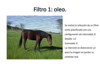 Filtro 1: oleo.
Se realizó la selección de un filtro
estilo plastificado con una
configuración de intensidad: 8
Detalle: 13
Suavizado: 9
La intensión es distorsionar un
poco la imagen sin perder su
contexto real.
 