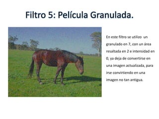 Filtro 5: Película Granulada.
En este filtro se utilizo un
granulado en 7, con un área
resaltada en 2 e intensidad en
0, ya deja de convertirse en
una imagen actualizada, para
irse convirtiendo en una
imagen no tan antigua.
 