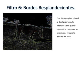 Filtro 6: Bordes Resplandecientes.
Este filtro se aplico tal cual
lo da el programa, la
intención va en querer
convertir la imagen en un
negativo de fotografía
pero no del todo.
 
