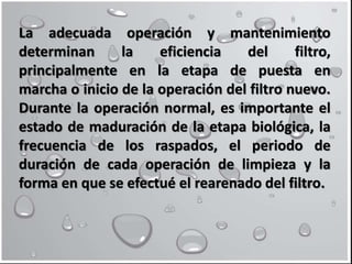 La adecuada operación y mantenimiento
determinan la eficiencia del filtro,
principalmente en la etapa de puesta en
marcha o inicio de la operación del filtro nuevo.
Durante la operación normal, es importante el
estado de maduración de la etapa biológica, la
frecuencia de los raspados, el periodo de
duración de cada operación de limpieza y la
forma en que se efectué el rearenado del filtro.
 