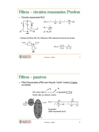 5
Electrónica 3 – 2005/06 9
Filtros – circuitos ressonantes 2ªordem
n Circuito ressonante RLC
C
R L
RC
Q
LC
Q
s
s
LC
RC
s
s
s
D
o
o
o
ω
ω
ω
ω
=
=
+
+
=
+
+
=
1
1
1
)
( 2
0
2
2
A B
C
• Síntese de filtros PB, PA, PBanda e RB mediante divisores de tensão:
2
1
2
)
(
)
(
)
(
Z
Z
Z
s
V
s
V
s
H
i
o
+
=
=
Z2
Z1
Vi(jw) Vo(jw)
Electrónica 3 – 2005/06 10
Filtros – passivos
n Filtro Passa-baixo (PB) sem freq de “notch” implica 2 zeros
no infinito.
Os zeros são quando .
Estes são os únicos zeros.
0
2
1
→
∧
∞
→ Z
Z ∞
→
s
C
R
L
B
C
Vi(jω)
Vo(jω)
A
Z2
Z1
LC
s
RC
s
LC
s
Q
s
s
H
o
o
o
1
1
1
)
(
2
2
2
2
+
+
=
+
+
=
ω
ω
ω
XC
XL
Sugestão:
Obter expressão de Q
 