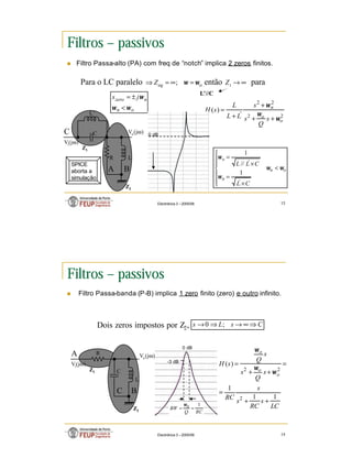 7
Electrónica 3 – 2005/06 13
Filtros – passivos
n Filtro Passa-alto (PA) com freq de “notch” implica 2 zeros finitos.
Para o LC paralelo então para
2
2
2
2
'
)
(
o
o
n
s
Q
s
s
L
L
L
s
H
ω
ω
ω
+
+
+
+
=
C
R
L’
B
C
Vi(jω)
Vo(jω)
A
Z2
Z1
L
o
eq
Z ω
ω =
∞
=
⇒ ; ∞
→
1
Z
L’//C
o
n
n
o
C
L
C
L
L
ω
ω
ω
ω
<







×
=
×
=
'
'
1
//
1
o
n
n
zero j
s
ω
ω
ω
<
±
=
SPICE
aborta a
simulação
0 dB
Electrónica 3 – 2005/06 14
Filtros – passivos
n Filtro Passa-banda (P-B) implica 1 zero finito (zero) e outro infinito.
Dois zeros impostos por Z2,
R
B
C
Vi(jω)
Vo(jω)
A
Z2
Z1
L
C
C
s
L
s ⇒
∞
→
⇒
→ ;
0
LC
s
RC
s
s
RC
s
Q
s
s
Q
s
H
o
o
o
1
1
1
)
(
2
2
2
+
+
=
=
+
+
=
ω
ω
ω
-3 dB
RC
Q
BW
1
0
=
=
ω
0 dB
 