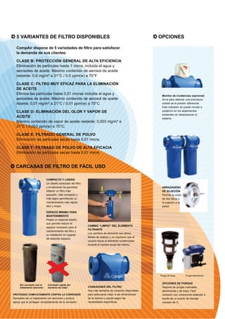 5 VARIANTES DE FILTRO DISPONIBLES                                                                     OPCIONES

  CompAir dispone de 5 variedades de filtro para satisfacer
  la demanda de sus clientes:

  CLASE B: PROTECCIÓN GENERAL DE ALTA EFICIENCIA
  Eliminación de partículas hasta 1 micra, incluida el agua y
  aerosoles de aceite. Máximo contenido de aerosol de aceite
  restante: 0,6 mg/m³ a 21°C / 0,5 ppm(w) a 70°F.

  CLASE C: FILTRO MUY EFICAZ PARA LA ELIMINACIÓN
  DE ACEITE
  Elimina las partículas hasta 0,01 micras incluida el agua y                                            Monitor de incidencias (opcional)
  aerosoles de aceite. Máximo contenido de aerosol de aceite                                             Sirve para detectar una prematura
  rstante: 0,01 mg/m³ a 21°C / 0,01 ppm(w) a 70°C.                                                       subida de la presión diferencial.
                                                                                                         Este indicador se puede montar a
  CLASE D: ELIMINACIÓN DEL OLOR Y VAPOR DE                                                               posteriori en los alojamientos
                                                                                                         existentes sin despresuizar el
  ACEITE                                                                                                 sistema.
  Máximo contenido de vapor de aceite restante: 0,003 mg/m³ a
  21°C / 0,003 ppm(w) a 70°C.

  CLASE E: FILTRADO GENERAL DE POLVO
  Eliminación de partículas secas hasta 0,01 micra.

  CLASE F: FILTRADO DE POLVO DE ALTA EFICACIA
  Eliminación de partículas secas hasta 0,01 micra.


  CARCASAS DE FILTRO DE FÁCIL USO

                            COMPACTO Y LIGERO
                            Un diseño avanzado del filtro
                            y el elemento ha permitido                                                   ABRAZADERA
                            obtener un filtro más                                                        DE SUJECIÓN
                            pequeño, más compacto y                                                      Permite la unión
                            más ligero permitiendo un                                                    de dos filtros y
                            mantenimiento más rápido                                                     la sujeción a la
                            fácil y limpio.                                                              pared.

                            ESPACIO MÍNIMO PARA
                            MANTENIMIENTO
                            Posee un especial diseño
                            que permite reducir el
                                                            CAMBIO “LIMPIO” DEL ELEMENTO
                            espacio necesario para el
                                                            FILTRANTE
                            mantenimiento del filtro y
                                                            Los cambios de elemento son ahora
                            su instalación en lugares
                                                            fáciles de realizar y no requieren que el
                            de reducido espacio.
                                                            usuario toque el elemento contaminado
                                                            durante el cambio anual del mismo.




                                                                                                        Purga de boya       Purga electrónica


                                                                                                         OPCIONES DE PURGAS
     Sin corrosión con el    Corrosión rápida del
     tratamiento alocromo    aluminio sin tratar            CONEXIONES DEL FILTRO                        Dispone de purgas manuales,
                                                            Hay más tamaños de conexión disponibles      electrónicas y de boya. Fácil
PROTEGIDO COMPLETAMENTE CONTRA LA CORROSIÓN                 para adecuarse mejor a las dimensiones       conexión con conexiones estándar a
Revestido de un tratamiento con alocromo y pintura          de la tubería y caudal según las             través de un puerto de drenaje
epoxy que lo protegen completamente de la corrosión.        necesidades específicas.                     roscado de ½.
 