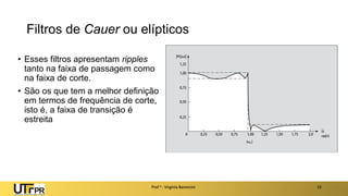 Filtros de Cauer ou elípticos
• Esses filtros apresentam ripples
tanto na faixa de passagem como
na faixa de corte.
• São os que tem a melhor definição
em termos de frequência de corte,
isto é, a faixa de transição é
estreita
Prof a : Virgínia Baroncini 15
 