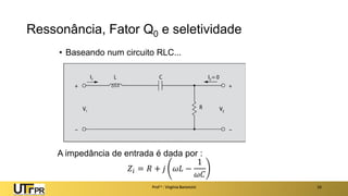 Ressonância, Fator Q0 e seletividade
Prof a : Virgínia Baroncini 16
• Baseando num circuito RLC...
A impedância de entrada é dada por :
𝑍𝑖 = 𝑅 + 𝑗 𝜔𝐿 −
1
𝜔𝐶
 