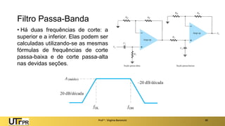 Filtro Passa-Banda
Prof a : Virgínia Baroncini 40
• Há duas frequências de corte: a
superior e a inferior. Elas podem ser
calculadas utilizando-se as mesmas
fórmulas de frequências de corte
passa-baixa e de corte passa-alta
nas devidas seções.
 