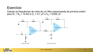 Exercício
Calcule as frequências de corte de um filtro passa-banda de primeira ordem
para R1 = R2 = 10 K e C1 = 0,1 F e C2 = 0,002 F.
Prof a : Virgínia Baroncini 41
 