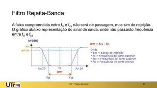 Filtro Rejeita-Banda
Prof a : Virgínia Baroncini 43
A faixa compreendida entre fci e fcs não será de passagem, mas sim de rejeição.
O gráfico abaixo representação do sinal de saída, onde não passarão frequência
entre fci e fcs
 