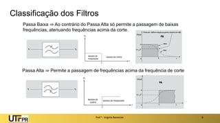 Classificação dos Filtros
Prof a : Virgínia Baroncini 6
Passa Baixa ⇒ Ao contrário do Passa Alta só permite a passagem de baixas
frequências, atenuando frequências acima da corte.
Passa Alta ⇒ Permite a passagem de frequências acima da frequência de corte
 