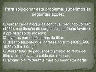 Para solucionar este problema, sugerimos as
seguintes ações:
Aplicar carga hidráulica continua. Segundo Jordão
(1982), a aplicação de cargas descontínuas favorece
a proliferação de moscas;
Lavar as paredes internas do filtro;
Clorar o afluente que ingressa no filtro (JORDÃO,
1982) 0,5 a 1,0mg/l;
Utilizar telas de pequenos diâmetro ao redor do
filtro a fim de evitar a saída das moscas;
“afogar” o filtro durante mais ou menos 24 horas.

 