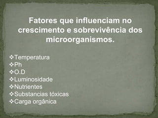 Fatores que influenciam no
crescimento e sobrevivência dos
microorganismos.
Temperatura
Ph
O.D
Luminosidade
Nutrientes
Substancias tóxicas
Carga orgânica

 