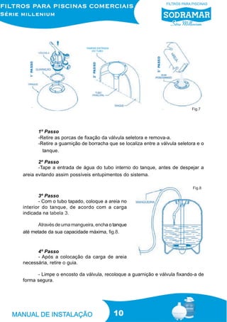 Fig.7




      1º Passo
      -Retire as porcas de fixação da válvula seletora e remova-a.
      -Retire a guarnição de borracha que se localiza entre a válvula seletora e o
        tanque.

       2º Passo
       -Tape a entrada de água do tubo interno do tanque, antes de despejar a
areia evitando assim possíveis entupimentos do sistema.

                                                                            Fig.8

       3º Passo
       - Com o tubo tapado, coloque a areia no
interior do tanque, de acordo com a carga
indicada na tabela 3.

       Através de uma mangueira, encha o tanque
até metade da sua capacidade máxima, fig.8.



      4º Passo
      - Após a colocação da carga de areia
necessária, retire o guia.

      - Limpe o encosto da válvula, recoloque a guarnição e válvula fixando-a de
forma segura.




                                         10
 