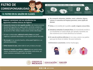 MAESTRAS Y
MAESTROS
FILTRO DE
CORRESPONSABILIDAD
3. FILTRO EN EL SALÓN DE CLASES
Repasar y promover con sus estudiantes las
siguientes medidas básicas de higiene:
Lavarse las manos lo más seguido posible y de manera correcta
durante 20 segundos con agua y jabón, teniendo cuidado de
formar abundante espuma, o bien con soluciones en gel a base
de alcohol al 70%. Ambos medios tienen similar efectividad.
Al toser o estornudar, cubrirse la nariz y boca con papel
higiénico o pañuelo desechable o con la parte interior del codo.
No escupir. Si se necesita hacerlo, utiliza papel higiénico o un
pañuelo desechable.
Evitar tocarse la cara, sobre todo la nariz, la boca y los ojos.
Mantener limpias superficies y objetos de uso común como:
mesas, computadoras, juguetes, barandales, entre otros, así
como mantener ventilado el salón de clases.
No compartir alimentos, bebidas, vasos, cubiertos, lápices,
colores, ni utensilios de limpieza personal, como cepillo de
dientes.
Evitar, en la medida de lo posible, acudir a lugares concurridos.
Saludarse evitando el contacto físico. Se recomienda enseñar a
sus estudiantes un nuevo saludo, por ejemplo, haciendo una
leve reverencia con la mano derecha en el corazón.
En caso de sentirse enfermos en sus casas, avisar a sus padres
para que los lleven al médico. No auto medicarse.
Alimentarse sanamente y tomar mucha agua.
 