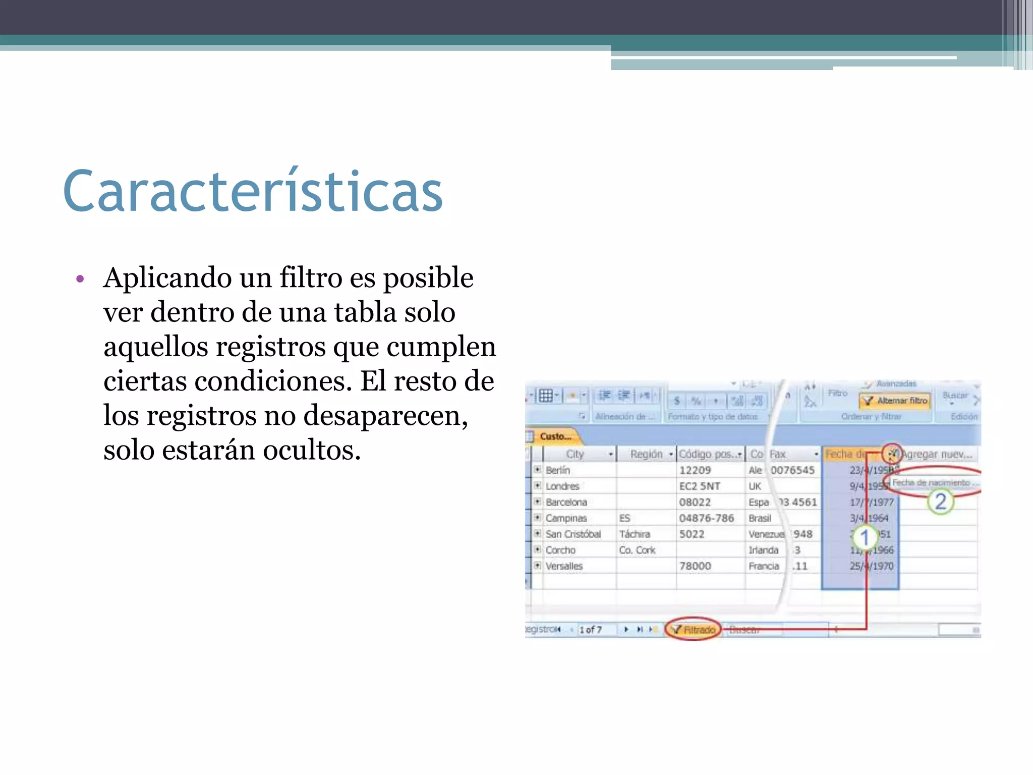 Características
• Aplicando un filtro es posible
ver dentro de una tabla solo
aquellos registros que cumplen
ciertas condiciones. El resto de
los registros no desaparecen,
solo estarán ocultos.
 