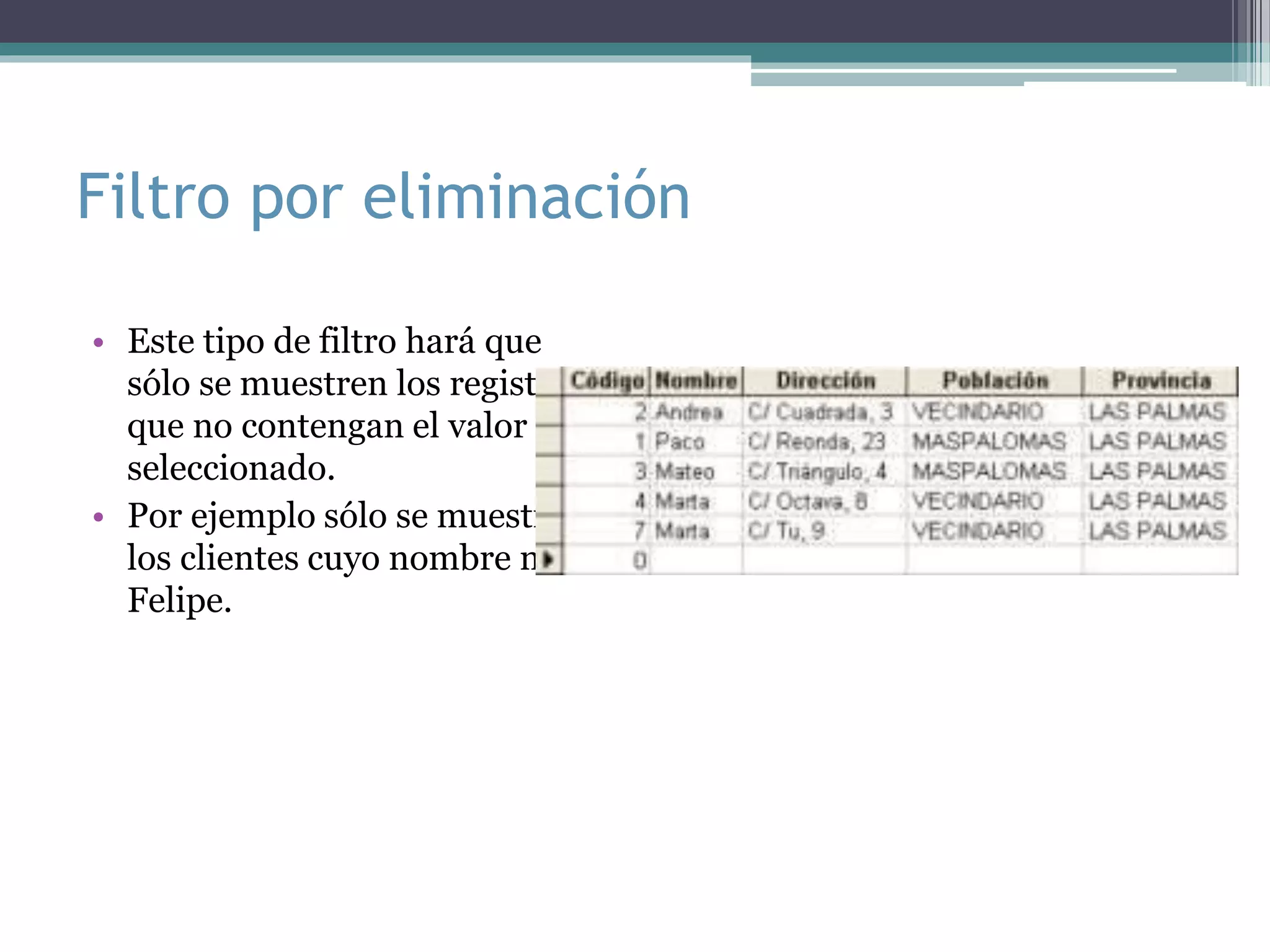 Filtro por eliminación
• Este tipo de filtro hará que
sólo se muestren los registros
que no contengan el valor
seleccionado.
• Por ejemplo sólo se muestran
los clientes cuyo nombre no es
Felipe.
 