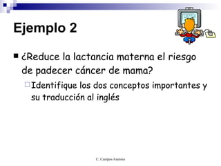 Ejemplo 2 ¿Reduce la lactancia materna el riesgo de padecer cáncer de mama? Identifique los dos conceptos importantes y su traducción al inglés 