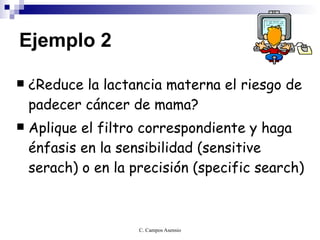 Ejemplo 2 ¿Reduce la lactancia materna el riesgo de padecer cáncer de mama? Aplique el filtro correspondiente y haga énfasis en la sensibilidad (sensitive serach) o en la precisión (specific search) 