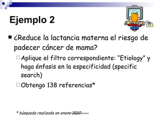 Ejemplo 2 ¿Reduce la lactancia materna el riesgo de padecer cáncer de mama? Aplique el filtro correspondiente: “Etiology” y haga énfasis en la especificidad (specific search) Obtengo 138 referencias* * búsqueda realizada en enero 2010 