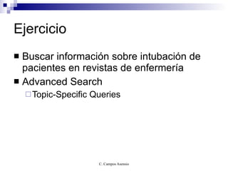 Ejercicio Buscar información sobre intubación de pacientes en revistas de enfermería Advanced Search Topic-Specific Queries 