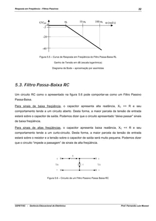 Resposta em Freqüência – Filtros Passivos

GV|dB
-3

32

ωc

10.ωc

0

100.ωc ω (rad/s)

-20

-40
Figura 5.5 – Curva de Resposta em Freqüência do Filtro Passa-Baixa RL
Ganho de Tensão em dB (escala logarítmica)
Diagrama de Bode – aproximação por assíntotas

5.3. Filtro Passa-Baixa RC
Um circuito RC como o apresentado na figura 5.6 pode comportar-se como um Filtro Passivo
Passa-Baixa.
Para sinais de baixa freqüência, o capacitor apresenta alta reatância, XC >> R e seu
comportamento tende a um circuito aberto. Desta forma, a maior parcela da tensão de entrada
estará sobre o capacitor de saída. Podemos dizer que o circuito apresentado “deixa passar” sinais
de baixa freqüência.
Para sinais de altas freqüências, o capacitor apresenta baixa reatância, XC << R e seu
comportamento tende a um curto-circuito. Desta forma, a maior parcela da tensão de entrada
estará sobre o resistor e a tensão sobre o capacitor de saída será muito pequena. Podemos dizer
que o circuito “impede a passagem” de sinais de alta freqüência.

R

+
Ve
-

+
C

Vs
-

Figura 5.6 – Circuito de um Filtro Passivo Passa Baixa RC

CEFET/SC - Gerência Educacional de Eletrônica

Prof. Fernando Luiz Mussoi

 