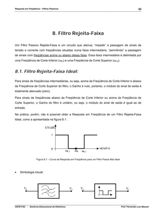 Resposta em Freqüência – Filtros Passivos

62

8. Filtro Rejeita-Faixa
Um Filtro Passivo Rejeita-Faixa é um circuito que atenua, “impede” a passagem de sinais de
tensão e corrente com freqüências situadas numa faixa intermediária, “permitindo” a passagem
de sinais com freqüências acima ou abaixo dessa faixa. Essa faixa intermediária é delimitada por
uma Freqüência de Corte Inferior (ωCI) e uma Freqüência de Corte Superior (ωCS).

8.1. Filtro Rejeita-Faixa Ideal:
Para sinais de freqüências intermediárias, ou seja, acima da Freqüência de Corte Inferior e abaixo
da Freqüência de Corte Superior do filtro, o Ganho é nulo, portanto, o módulo do sinal de saída é
totalmente atenuado (zero).
Para sinais de freqüências abaixo da Freqüência de Corte Inferior ou acima da Freqüência de
Corte Superior, o Ganho do filtro é unitário, ou seja, o módulo do sinal de saída é igual ao de
entrada.
Na prática, porém, não é possível obter a Resposta em Freqüência de um Filtro Rejeita-Faixa
Ideal, como a apresentada na figura 8.1.

GV(dB)
1

0

ωCI

ωR

ωCI

ω(rad/s)

Figura 8.1 – Curva de Resposta em Freqüência para um Filtro Passa Alta Ideal

•

Simbologia Usual:

Ve

CEFET/SC - Gerência Educacional de Eletrônica

Vs

Ve

Vs

Prof. Fernando Luiz Mussoi

 