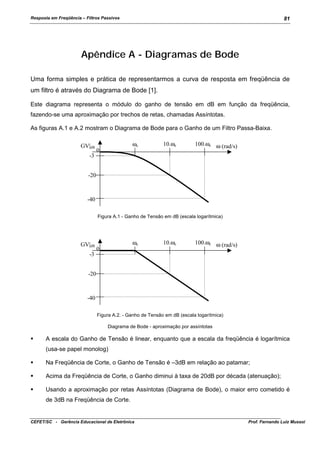 Resposta em Freqüência – Filtros Passivos

81

Apêndice A - Diagramas de Bode
Uma forma simples e prática de representarmos a curva de resposta em freqüência de
um filtro é através do Diagrama de Bode [1].
Este diagrama representa o módulo do ganho de tensão em dB em função da freqüência,
fazendo-se uma aproximação por trechos de retas, chamadas Assíntotas.
As figuras A.1 e A.2 mostram o Diagrama de Bode para o Ganho de um Filtro Passa-Baixa.
GV|dB
-3

ωc

10.ωc

0

100.ωc ω (rad/s)

-20

-40
Figura A.1 - Ganho de Tensão em dB (escala logarítmica)

GV|dB
-3

ωc
0

10.ωc

100.ωc ω (rad/s)

-20

-40
Figura A.2. - Ganho de Tensão em dB (escala logarítmica)
Diagrama de Bode - aproximação por assíntotas

!"

A escala do Ganho de Tensão é linear, enquanto que a escala da freqüência é logarítmica
(usa-se papel monolog)

!"

Na Freqüência de Corte, o Ganho de Tensão é –3dB em relação ao patamar;

!"

Acima da Freqüência de Corte, o Ganho diminui à taxa de 20dB por década (atenuação);

!"

Usando a aproximação por retas Assíntotas (Diagrama de Bode), o maior erro cometido é
de 3dB na Freqüência de Corte.

CEFET/SC - Gerência Educacional de Eletrônica

Prof. Fernando Luiz Mussoi

 
