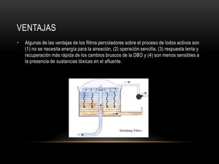 VENTAJAS
• Algunas de las ventajas de los filtros percoladores sobre el proceso de lodos activos son
(1) no se necesita energía para la aireación, (2) operación sencilla, (3) respuesta lenta y
recuperación más rápida de los cambios bruscos de la DBO y (4) son menos sensibles a
la presencia de sustancias tóxicas en el afluente.
 