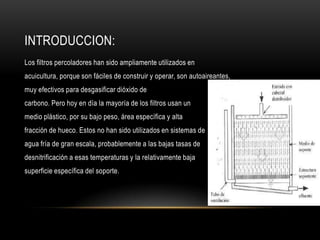 INTRODUCCION:
Los filtros percoladores han sido ampliamente utilizados en
acuicultura, porque son fáciles de construir y operar, son autoaireantes,
muy efectivos para desgasificar dióxido de
carbono. Pero hoy en día la mayoría de los filtros usan un
medio plástico, por su bajo peso, área específica y alta
fracción de hueco. Estos no han sido utilizados en sistemas de
agua fría de gran escala, probablemente a las bajas tasas de
desnitrificación a esas temperaturas y la relativamente baja
superficie específica del soporte.
 
