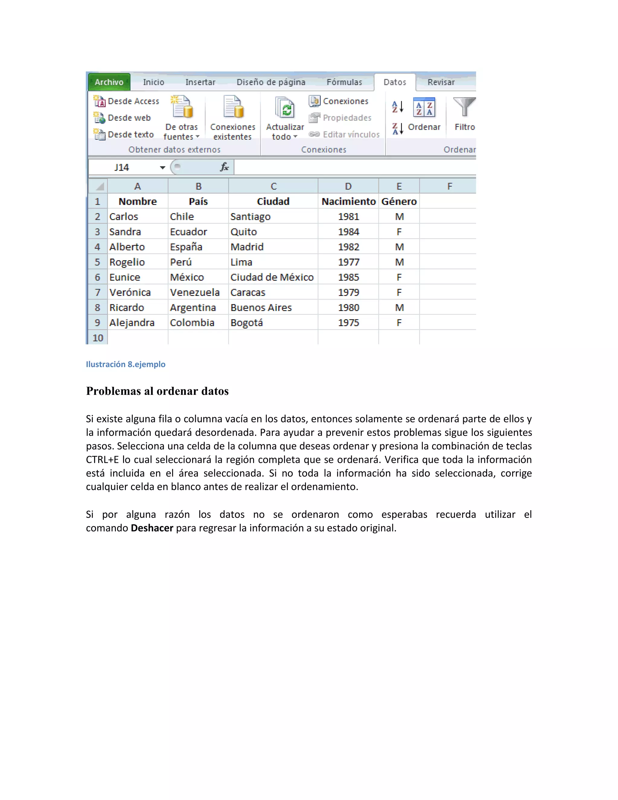 Ilustración 8.ejemplo

Problemas al ordenar datos
Si existe alguna fila o columna vacía en los datos, entonces solamente se ordenará parte de ellos y
la información quedará desordenada. Para ayudar a prevenir estos problemas sigue los siguientes
pasos. Selecciona una celda de la columna que deseas ordenar y presiona la combinación de teclas
CTRL+E lo cual seleccionará la región completa que se ordenará. Verifica que toda la información
está incluida en el área seleccionada. Si no toda la información ha sido seleccionada, corrige
cualquier celda en blanco antes de realizar el ordenamiento.
Si por alguna razón los datos no se ordenaron como esperabas recuerda utilizar el
comando Deshacer para regresar la información a su estado original.

 