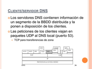 CLIENTE/SERVIDOR DNS
 Los servidores DNS contienen información de
  un segmento de la BBDD distribuida y la
  ponen a disposición de los clientes.
 Las peticiones de los clientes viajan en
  paquetes UDP al DNS local (puerto 53).
     TCP para transferencias de zona

                                 FTP                SNMP           NFS
                                                   ASN1                  XDR
             HTTP   SMTP   RPC    Telnet   DNS                  T RPC
                                                                F
                     TCP                                     UDPT
                                                                P

                                           IP

                             PROTOCOLOS de ACCESO al MEDIO

           DNS                                                                 34
 