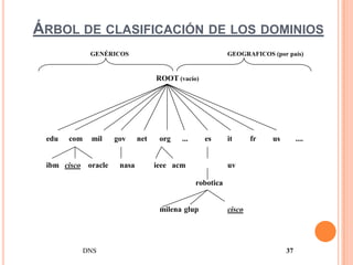 ÁRBOL DE CLASIFICACIÓN DE LOS DOMINIOS
              GENÉRICOS                                      GEOGRAFICOS (por país)


                                     ROOT (vacío)




 edu   com     mil     gov     net    org   ...     es       it      fr   us        ....


 ibm cisco    oracle    nasa         ieee acm                uv

                                                  robotica


                                      milena glup            cisco




             DNS                                                               37
 